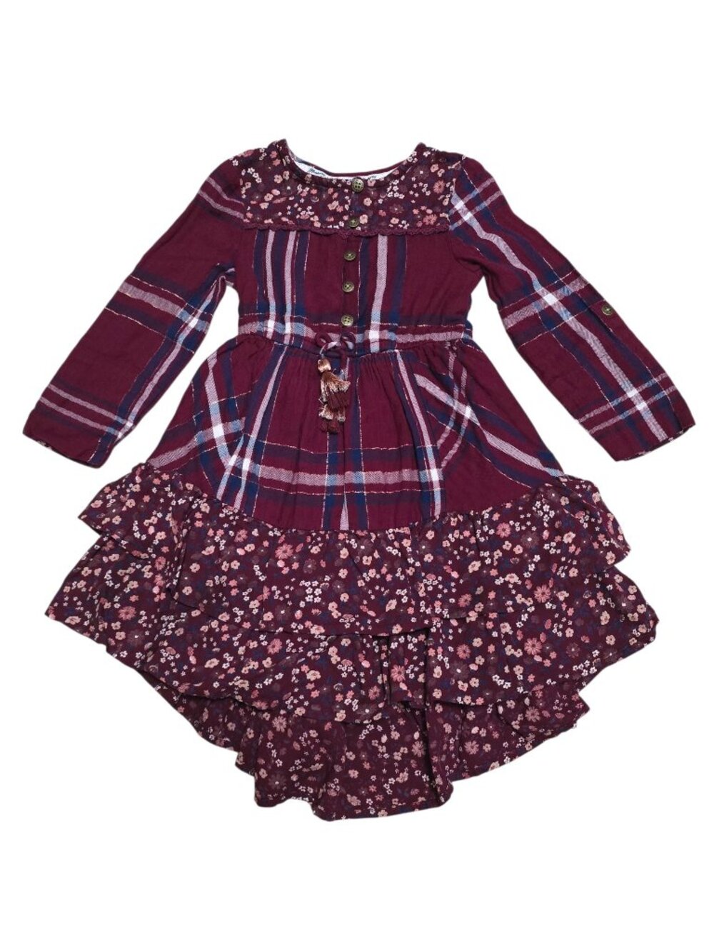 Mantaray Girls Maroon Floral Plaid Boho Ruffle Hem Cottage Peasant Dress Size 4